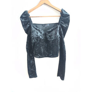 Wild Cat Babydoll Black Velvet Long Sleeve Cropped Top Women Sz L Gothic Fairy